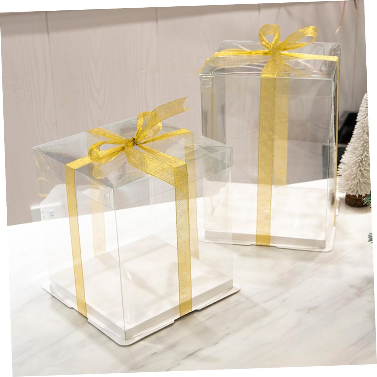 HOMSFOU 5pcs 8-inch Square Cake Boxes with Lid Elevated Double-layer Cake Carriers for Birthday Packaging and Food Storage