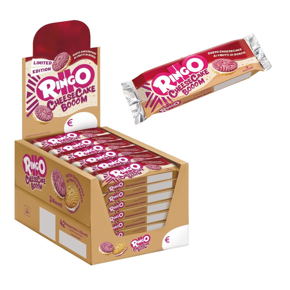 Pavesi Snack Ringo Cheesecake Booom, Biscotti Farciti con Crema Dolce al Formaggio e Biscotti ai Frutti di Bosco e Malto d'Orzo, Snack per Merenda o Pausa Studio, Espositore da 42 Monoporzioni
