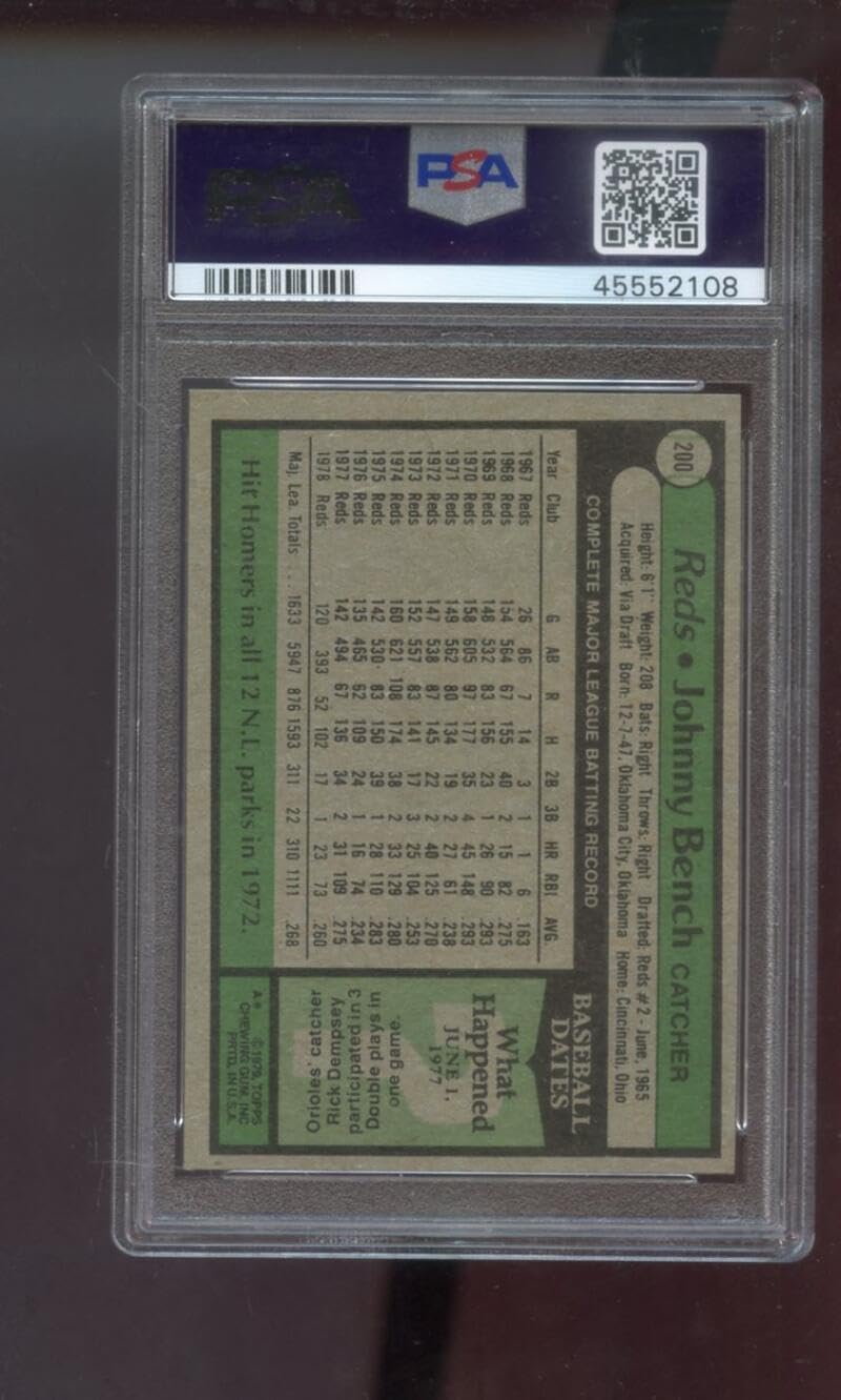 1979 Topps #200 Johnny Bench PSA 9 Graded Baseball Card MLB Cincinnati Reds