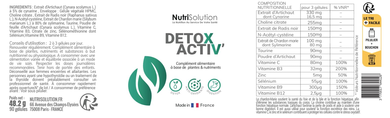 Nutrisolution I Détox Activ’ I 90 Gélules I Complément Alimentaire Détoxifiant I Chardon Marie Détoxification du Foie I Cure Detox Puissante et Rapide I Elimination Toxines I Fabriqué en France