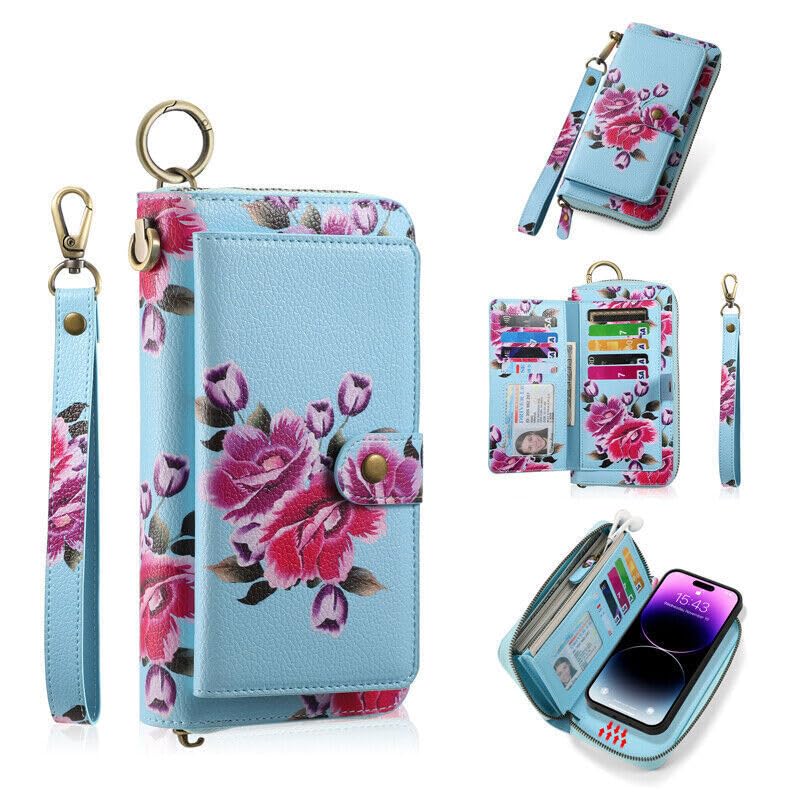 Étui iPhone 17 bleu portefeuille en cuir floral à rabat magnétique et fermeture éclair