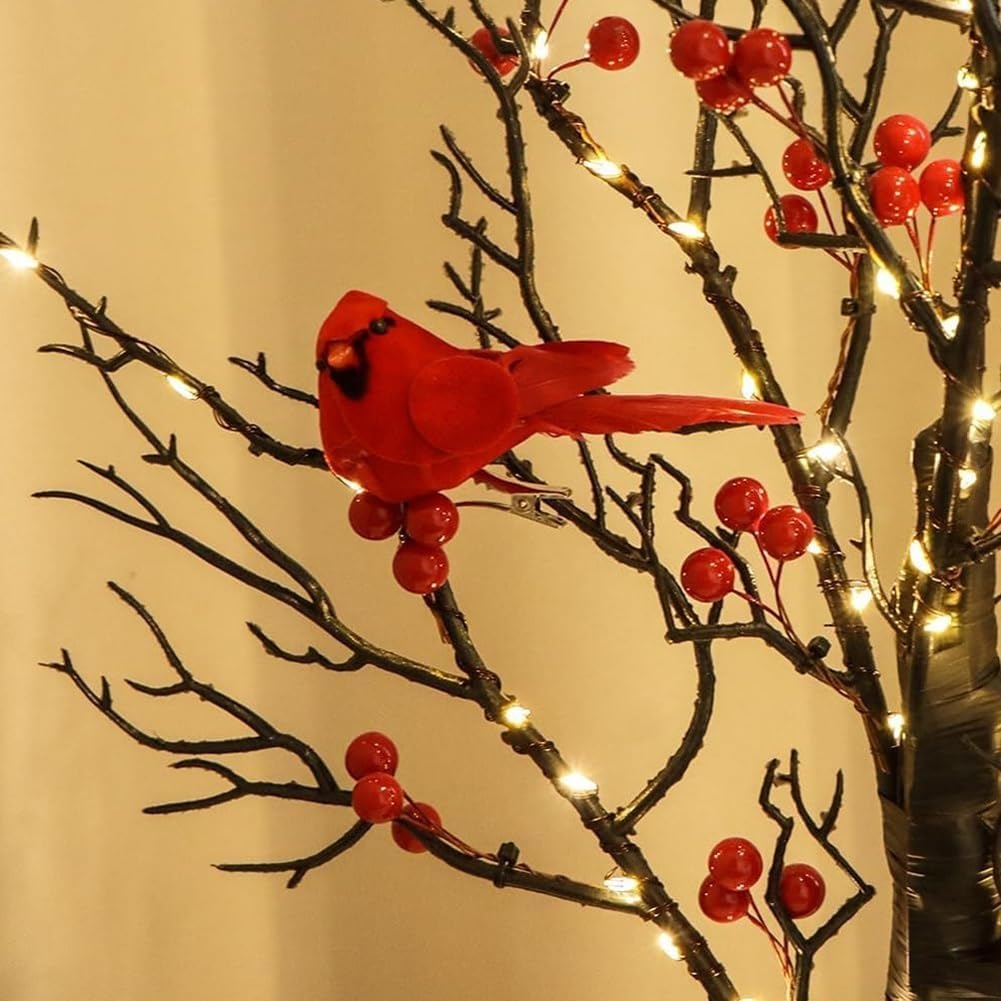 Vintage Glowing Tree With Cardinals – 21 Inch LED Birch Tree With 2 Birds & Berries, Tabletop Christmas & Holiday Decor