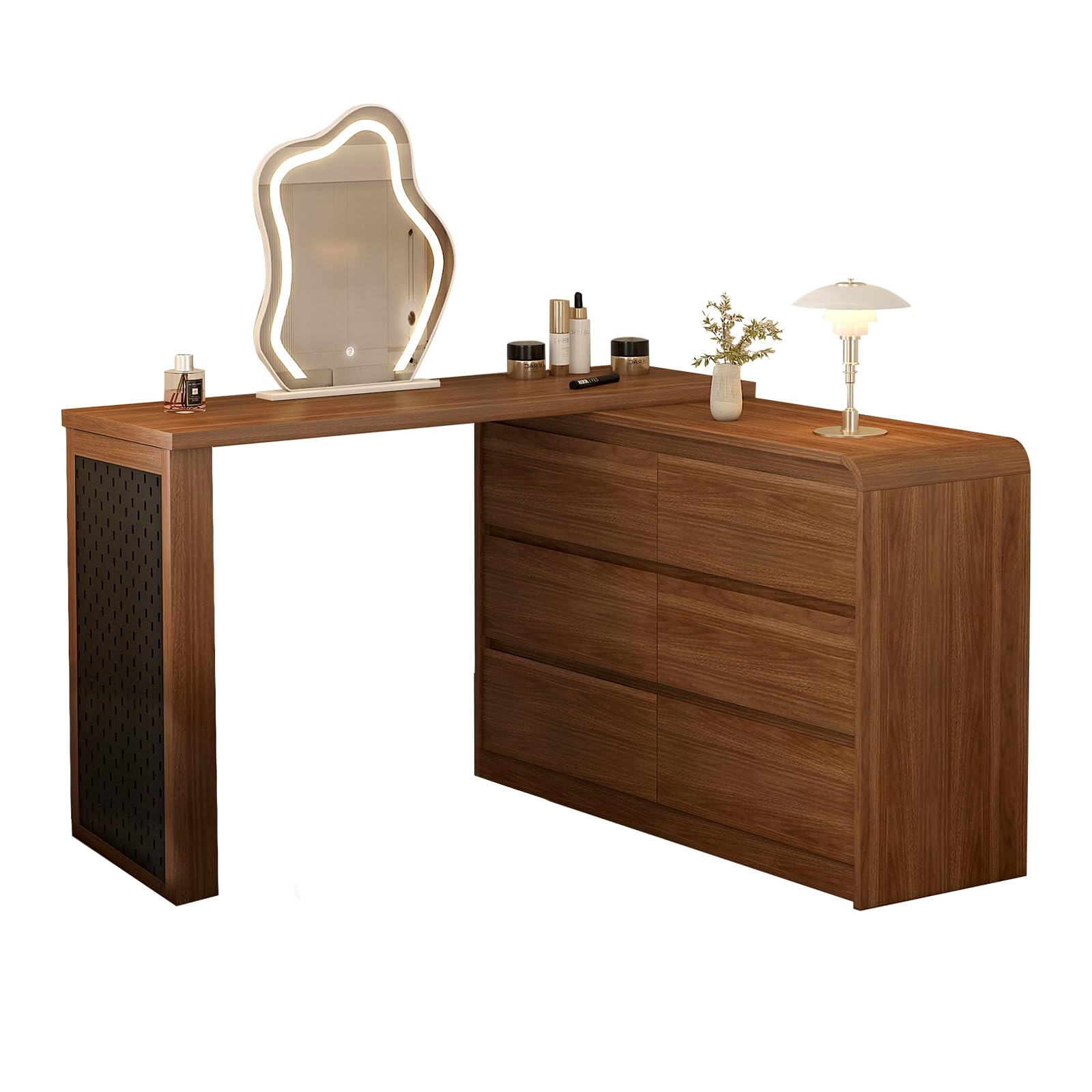 Messenya Makeup Vanity Desk with Cloud HD Lighted Mirror, 50-94in Extendable Modern Vanity Table Set with Chair, 6-Drawer Storage Cabinet with Rounded Corners (Vanity1)