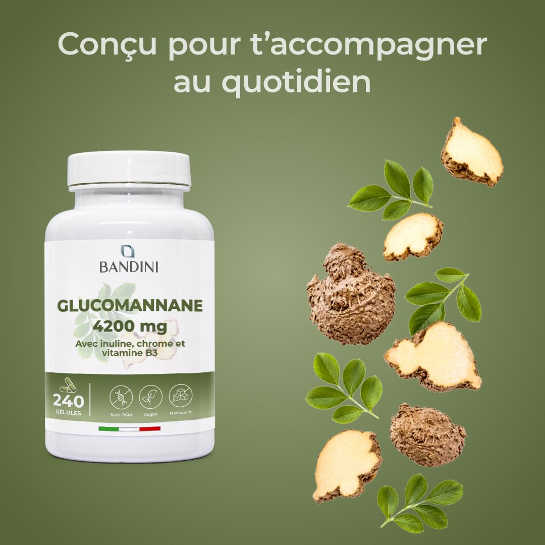 Bandini® Glucomannane Konjac Extra Fort - 240 Gélules 4200mg par jour - Glucomannan enrichi en Chrome, Inuline et Vitamine B3 - Fibre végétale de la racine de konjac - Supplément puissant et efficace