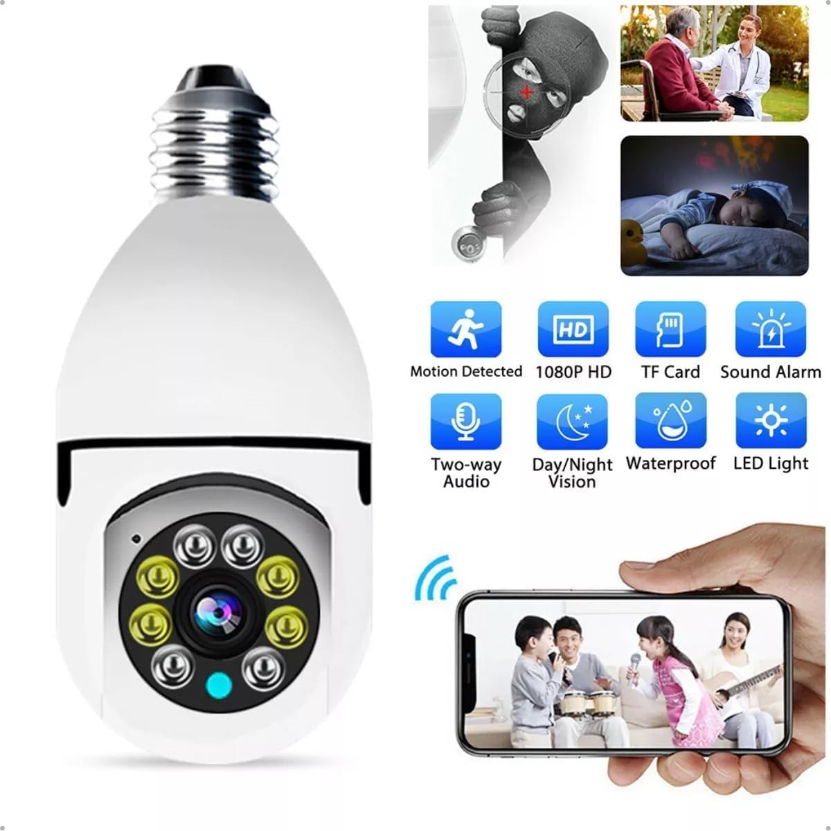 Image showing the security camera bulb and various features like motion detection, 1080p HD, TF card support, sound alarm, two-way audio, day/night vision, waterproof, and LED light, along with a smartphone displaying live feed.