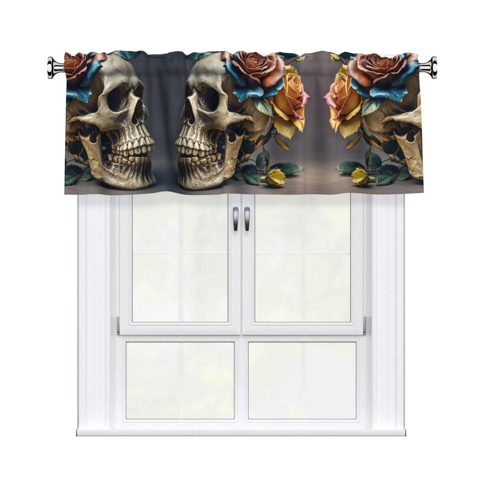 LMNGH Leather Rose Skull Curtain Valance for Windows,Kitchen Window Curtains Blackout Drapes Window Treatments Decorative Rod Pocket Short Curtain for Living Room Bedroom,54" W x 18" L