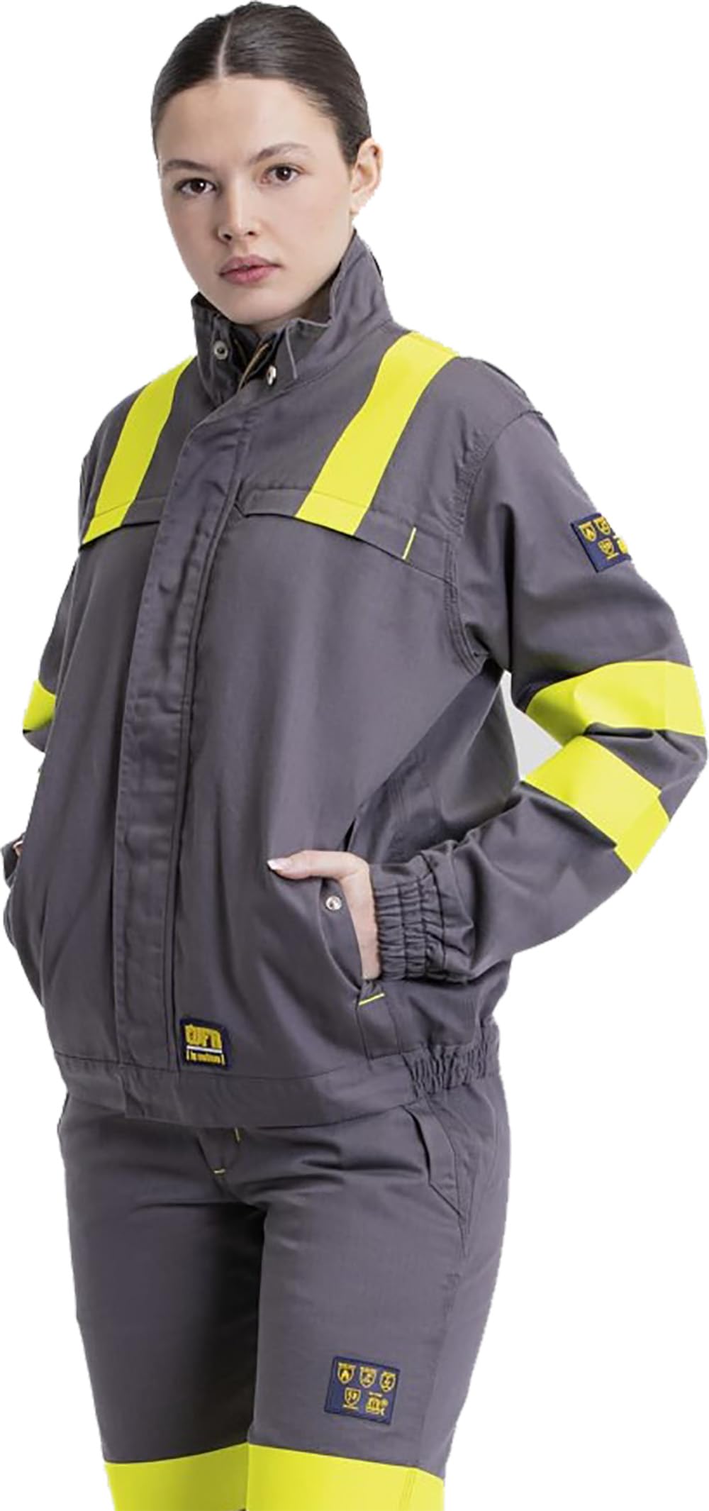 WORKTEAM B1196 Cazadora Ignífuga, Antiestática con protección para Soldadura y Arco Eléctrico, Visibilidad Realzada, Cintas Fluorescentes Amarillas y Triple Costura. Unisex