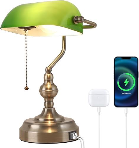 Lámpara de escritorio de banquero de cristal verde, lámparas antiguas de escritorio de banquero, lámpara tradicional de biblioteca con puerto de