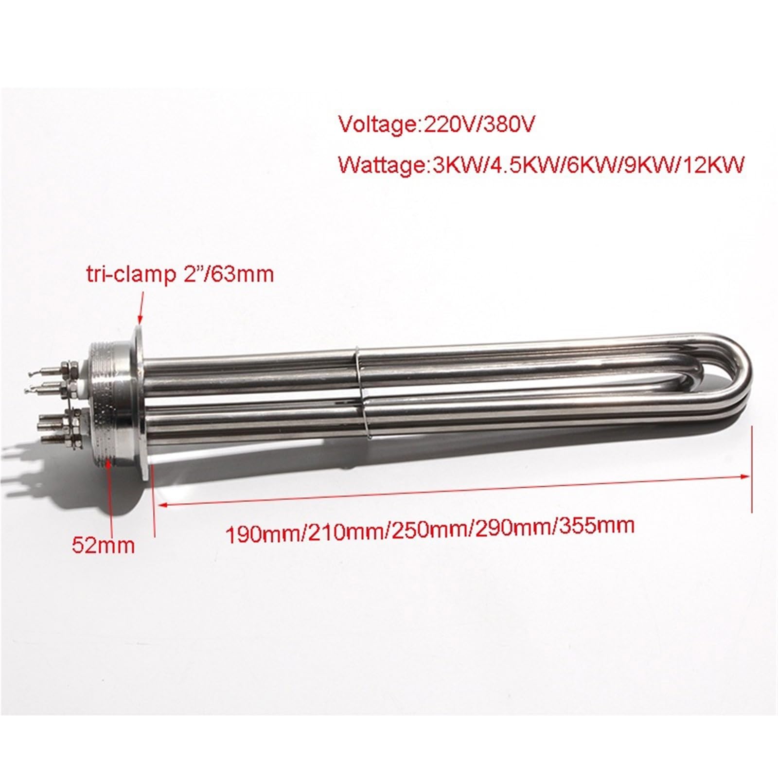 Bierbrau-Heizelement 2 Zoll OD63mm, Dreifachflansch, 220V/380V, 3/4, 5/6/9/12KW, Tauchdurchlauferhitzer SUS304 mit Zubehör, 1 Stück (380V 12KW 355mm)