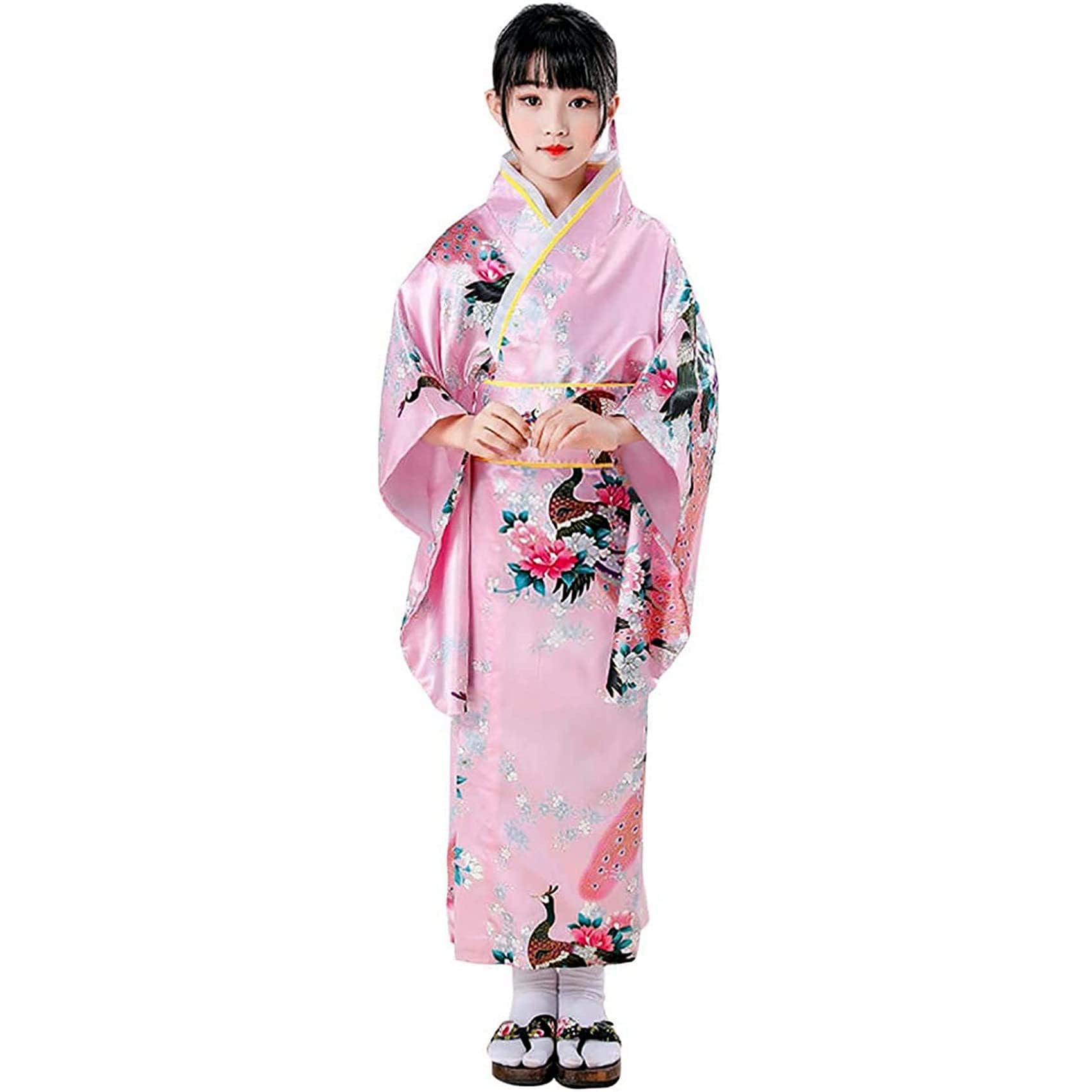 Kimono Japonais Fille à Double Couche Motif Paon avec Obi et Coussin Dorsal - Ensemble Déguisement Fille avec Éventail et Chaussettes Tabi - Kimono Enfant Cosplay pour Carnaval, Spectacle et Fête