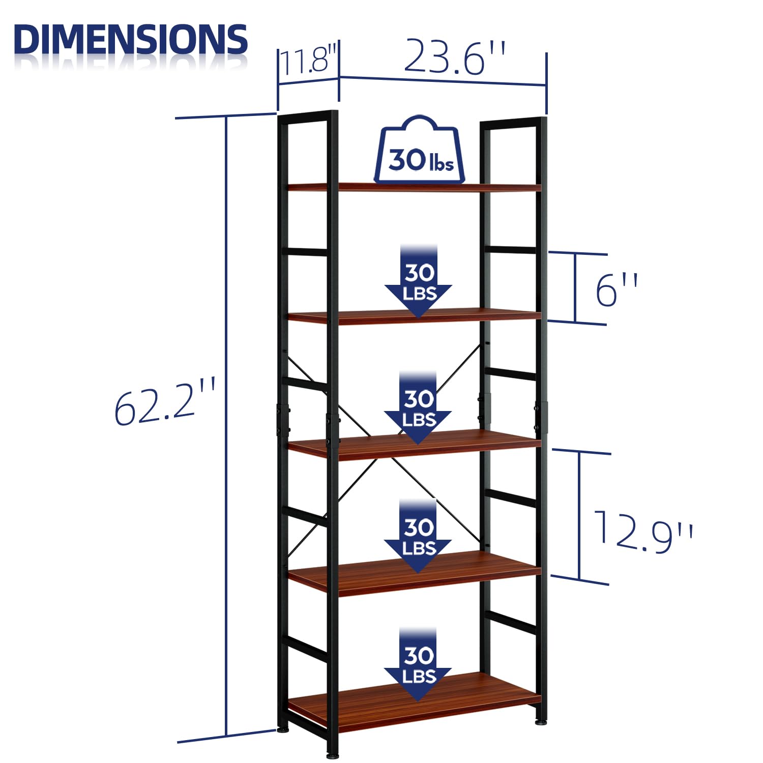 NUMENN - Libreria a 5 ripiani, alta libreria, scaffale moderno per camera da letto, soggiorno e ufficio, in teak