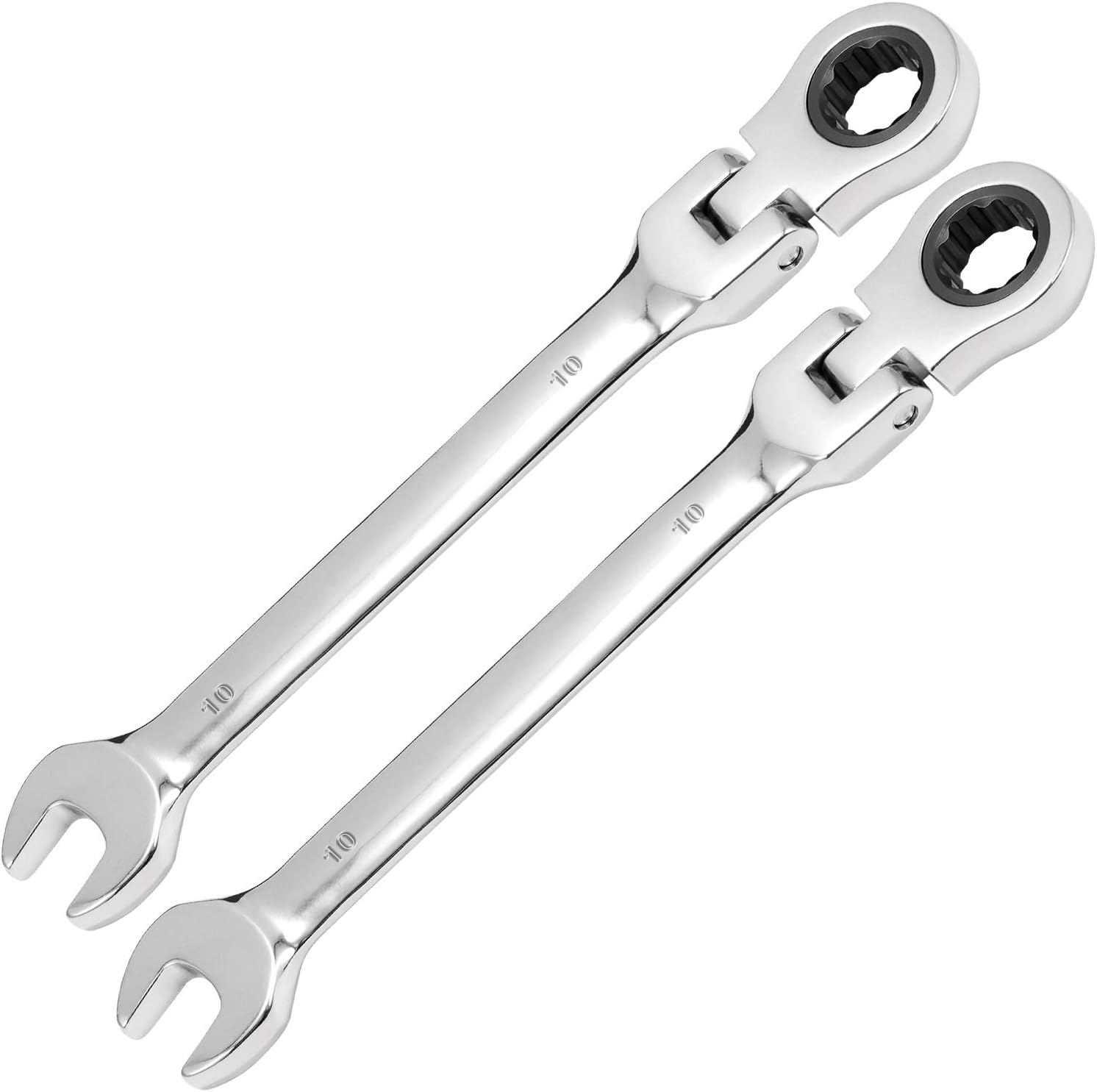 KINJOEK2 PCS 10mm 12PT Flex Head Ratchet Wrench, Metric Ratcheting Wrench Set with 5° Movement and 72 Teeth for Projects with Tight Space