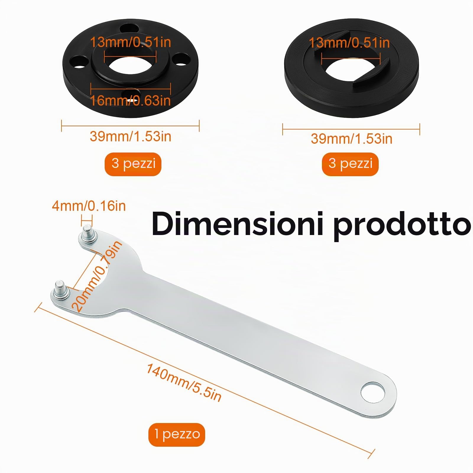 7 Pezzi Dadi Flangiati per Smerigliatrice Angolare, Chiave per Smerigliatrice Angolare 140mm con Flangia M14, Flangia Interna per Rimpiazzo