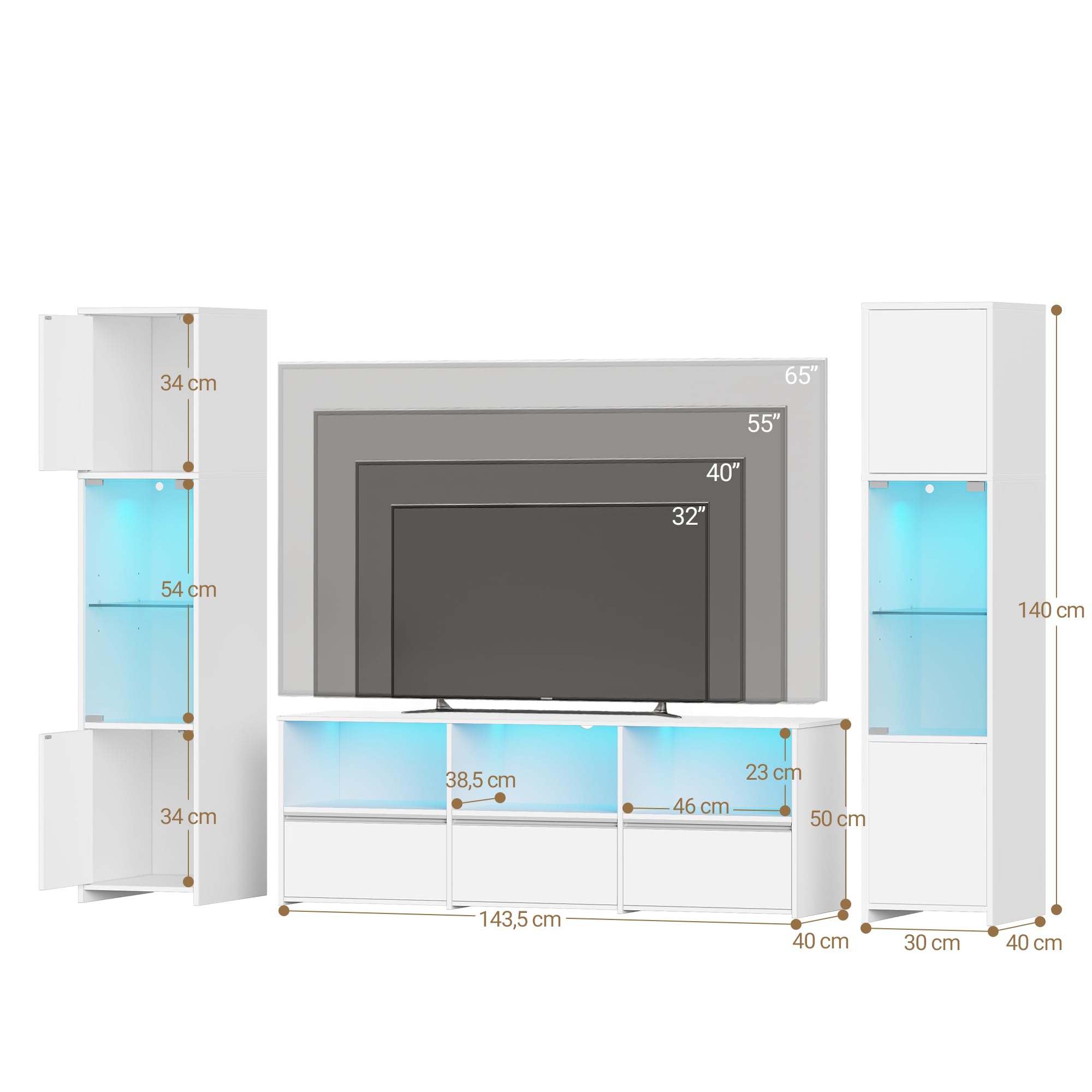 Hzuaneri Wohnwand, Weiß 3 Teiliges TV Möbel Set, mit LED Beleuchtung