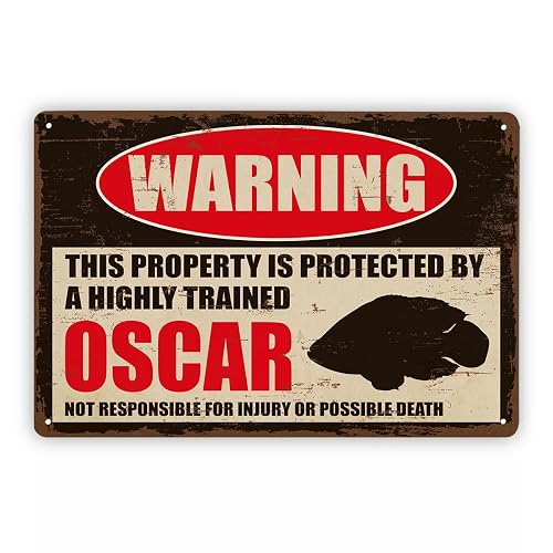 Rustic Metal Sign Oscar Fish Warning Decor, Vintage Tin Plaque