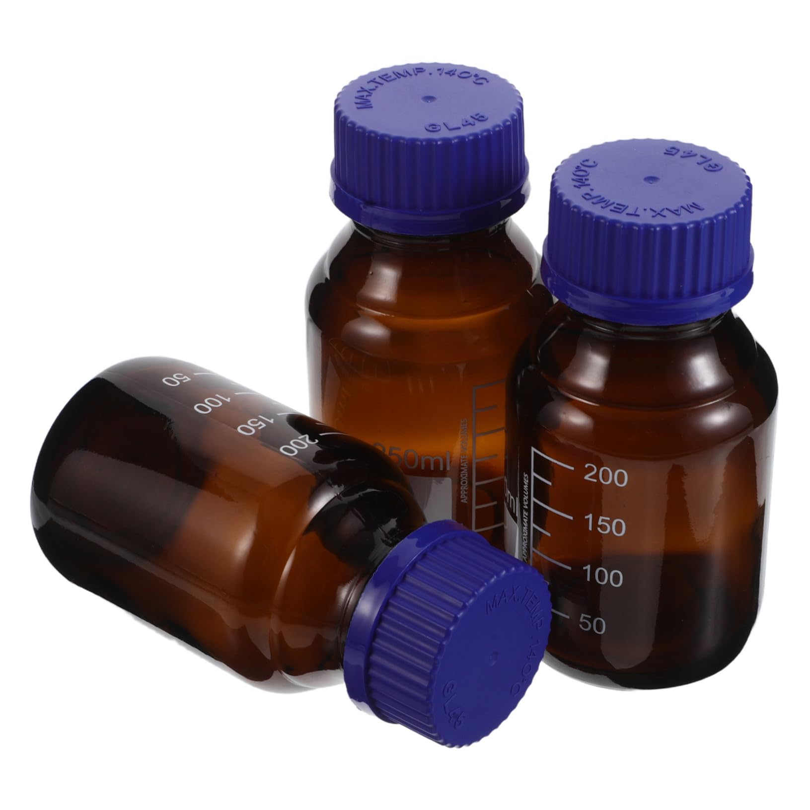 Mikinona Bouteille de Réactif Lot de 3 en Verre Marron, 250ml, Graduée