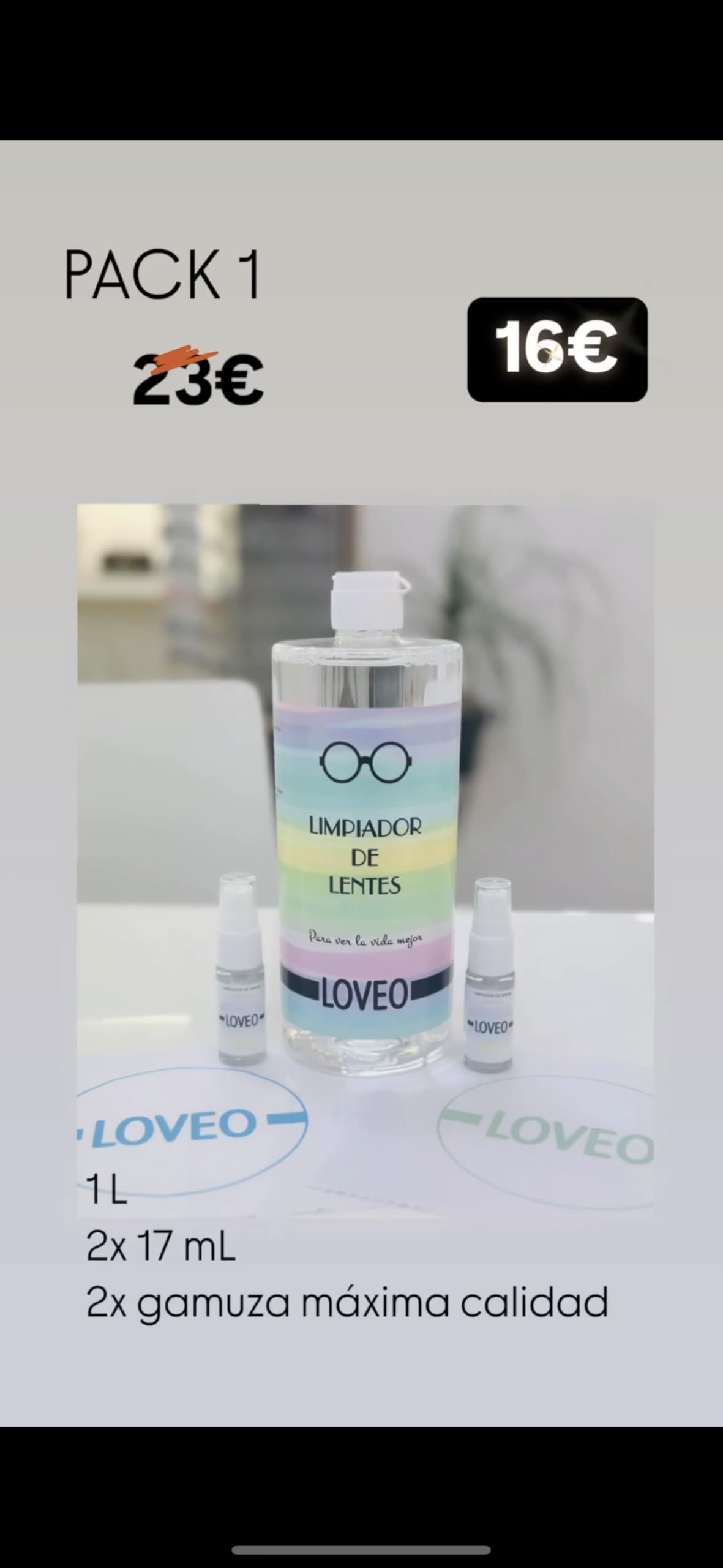 Limpiador de gafas, Pack con 1L para rellenar los 2 pulverizadores de 17mL, 2 Gamuzas de Máxima Calidad, Diseño Arcoíris