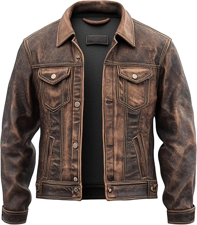 Mens Genuine Distressed Leather Trucker Jacket - American Button Style Vintage Western Trucker Jacket