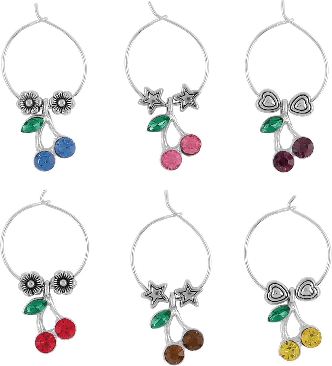 Wine Things Cherry Wine Charms, Zinc Alloy Wine Glass Tags for Stem Glasses, Drink Markers Identifiers for Parties, Tastings, and Entertaining, Multicolor, Set of 6