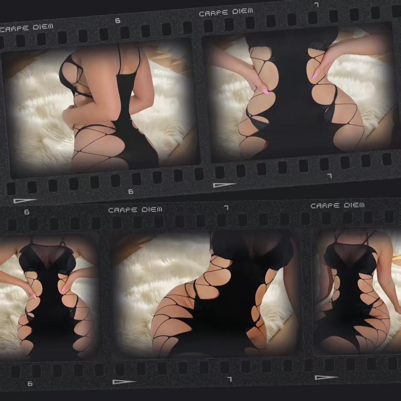 Women's Black Fishnet Dress Bodysuit - Spaghetti Strap Slip-Style Mini Dress, Sexy One-Piece Lingerie for Valentine's Day & Christmas (One Size) - Image 3