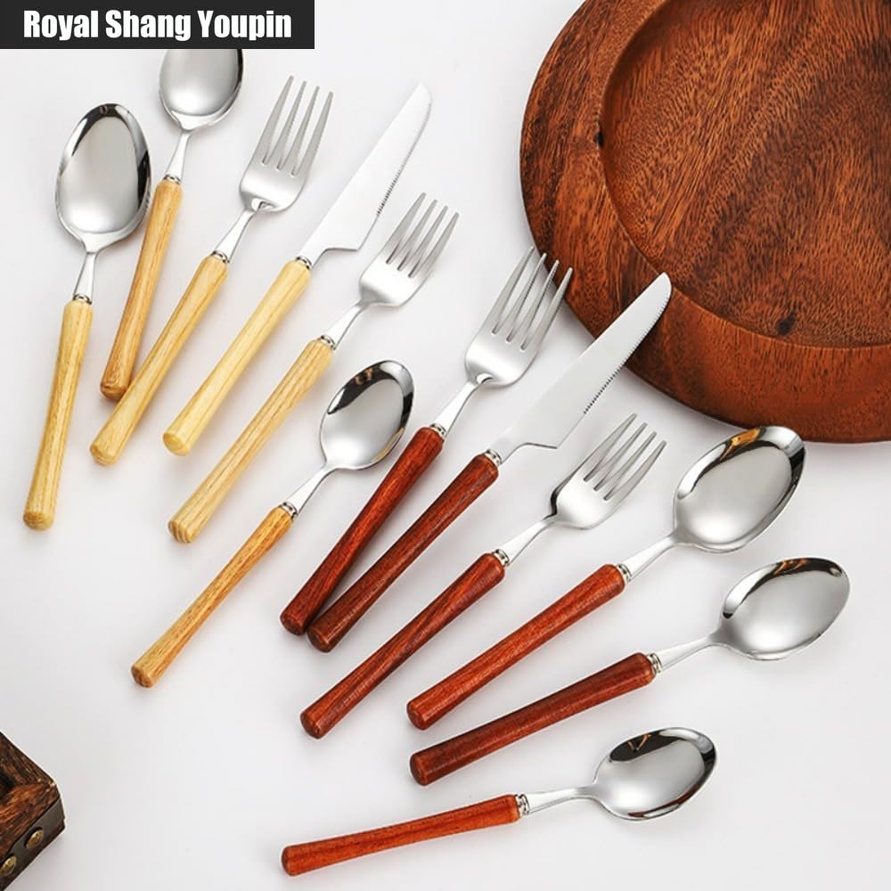 Manico in Pero Cucina Acciaio Inossidabile Posate Stoviglie Posate Coltelli Forchette Cucchiai Set Coltello Da Bistecca Cucchiaio Da Dessert (Palissandro,20 pezzi)