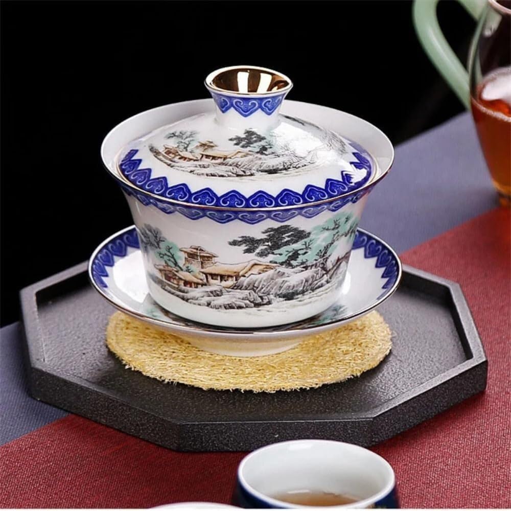 Zestaw herbaty Gaiwan, 300ml Blue and White Tea Tureen Landscape Tea Cup GaiWan Kung Fu Tea