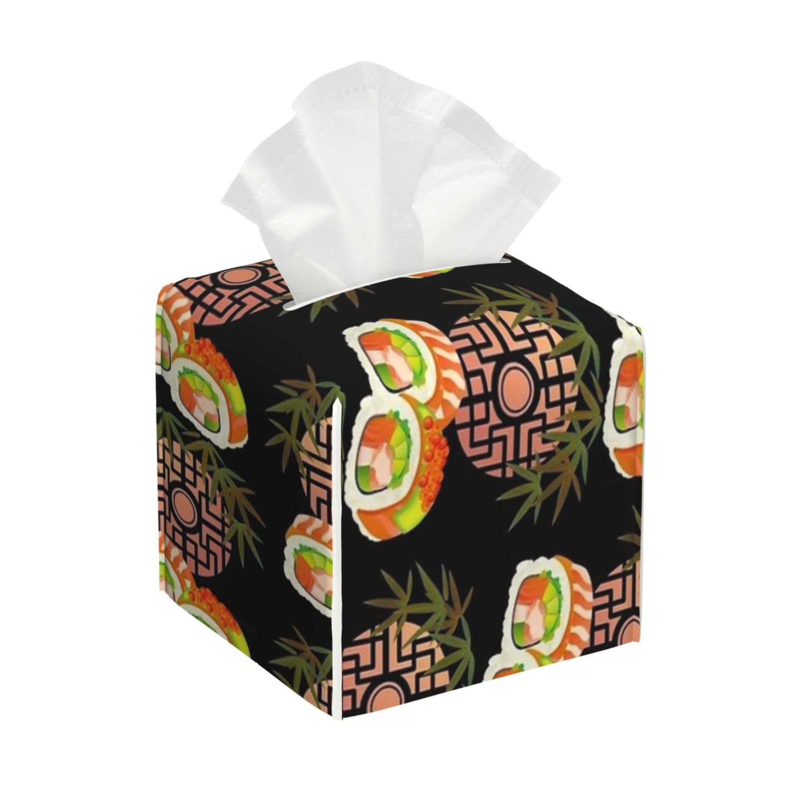 Japan　Sushi Tissue Box Cover 5" Square Leather Tissue Holder Facial Tissue Case for Tabletop Bedroom Bathroom Desk Decor
