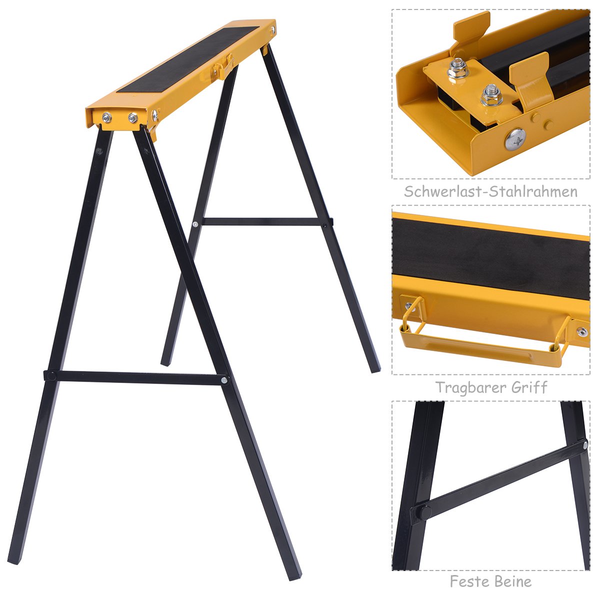COSTWAY 2 x Gerüstbock, Klappbock Set, Stützbock Sägehilfe, Arbeitsbock Metall , Unterstellbock Belastbar bis 275 KG, Arbeitsböcke klappbar, Faltbarer Bock mit Griff, Sägepferd Stahl, Gelb