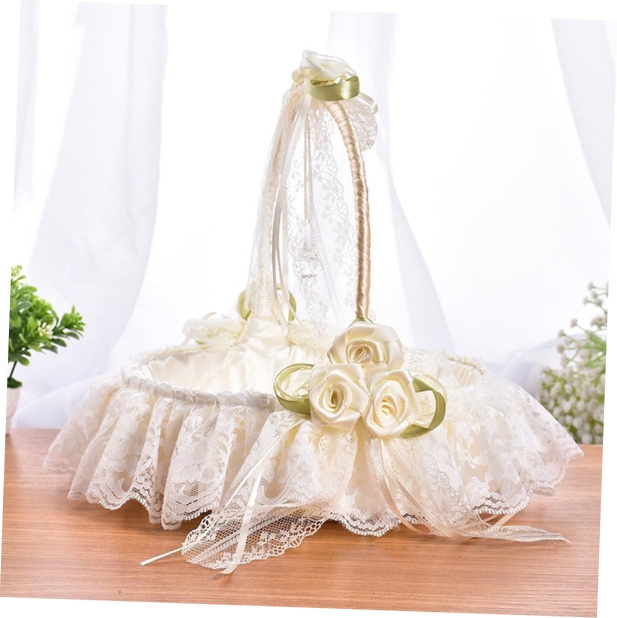 Wedding Flower Girl Basket with Milk White Weave, Handheld Delicate Flower Basket for Bridal Ceremony and Outdoor Wedding Events