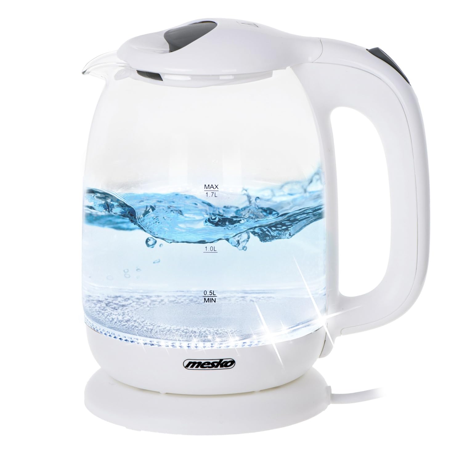 ADLER Mesko Bollitore in vetro 1,7 l, base girevole, illuminazione LED, bianco