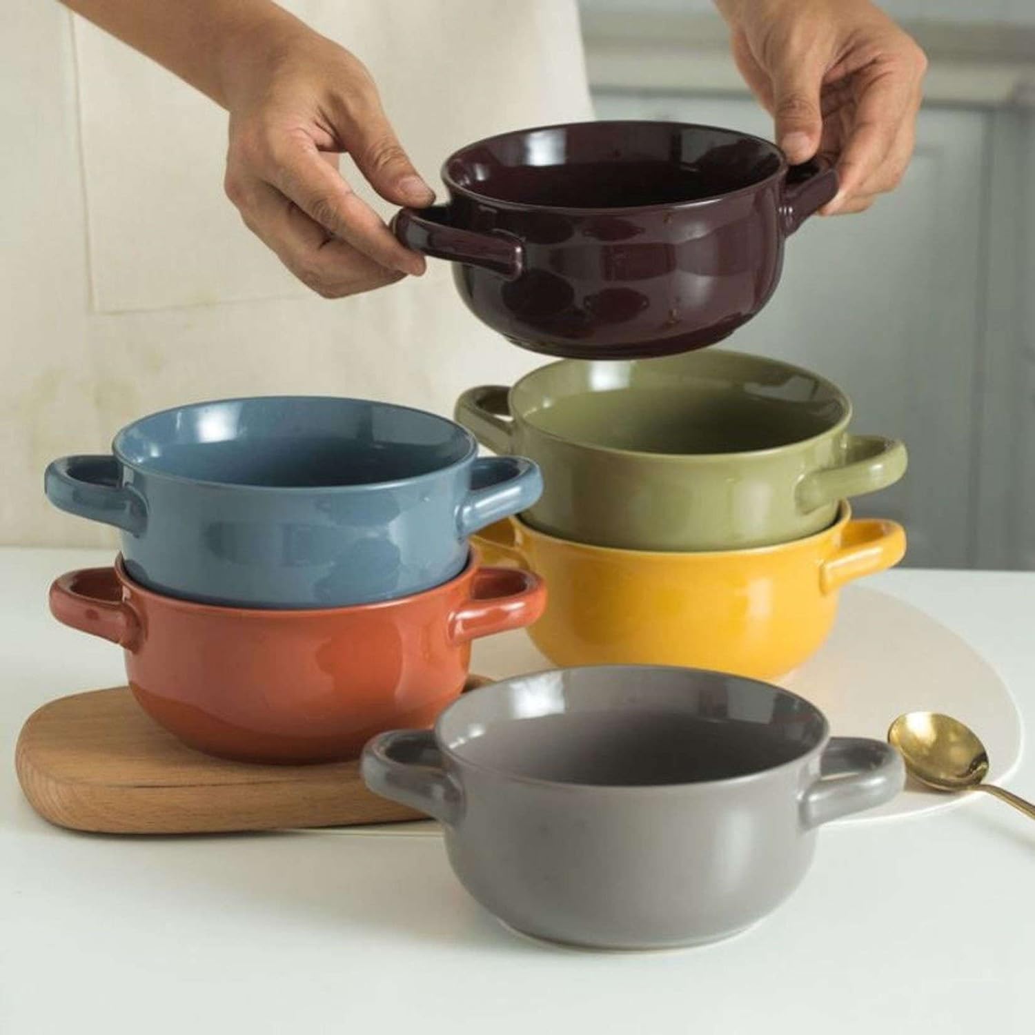Miski do zupy z uchwytami Naczynia kuchenne, naczynia stołowe, porcelana, ceramiczna miska na zupę, makaron, duże ceramiczne miski na zupę z podwójnym uchwytem, ​​30 uncji, porcelanowe miski do serwow