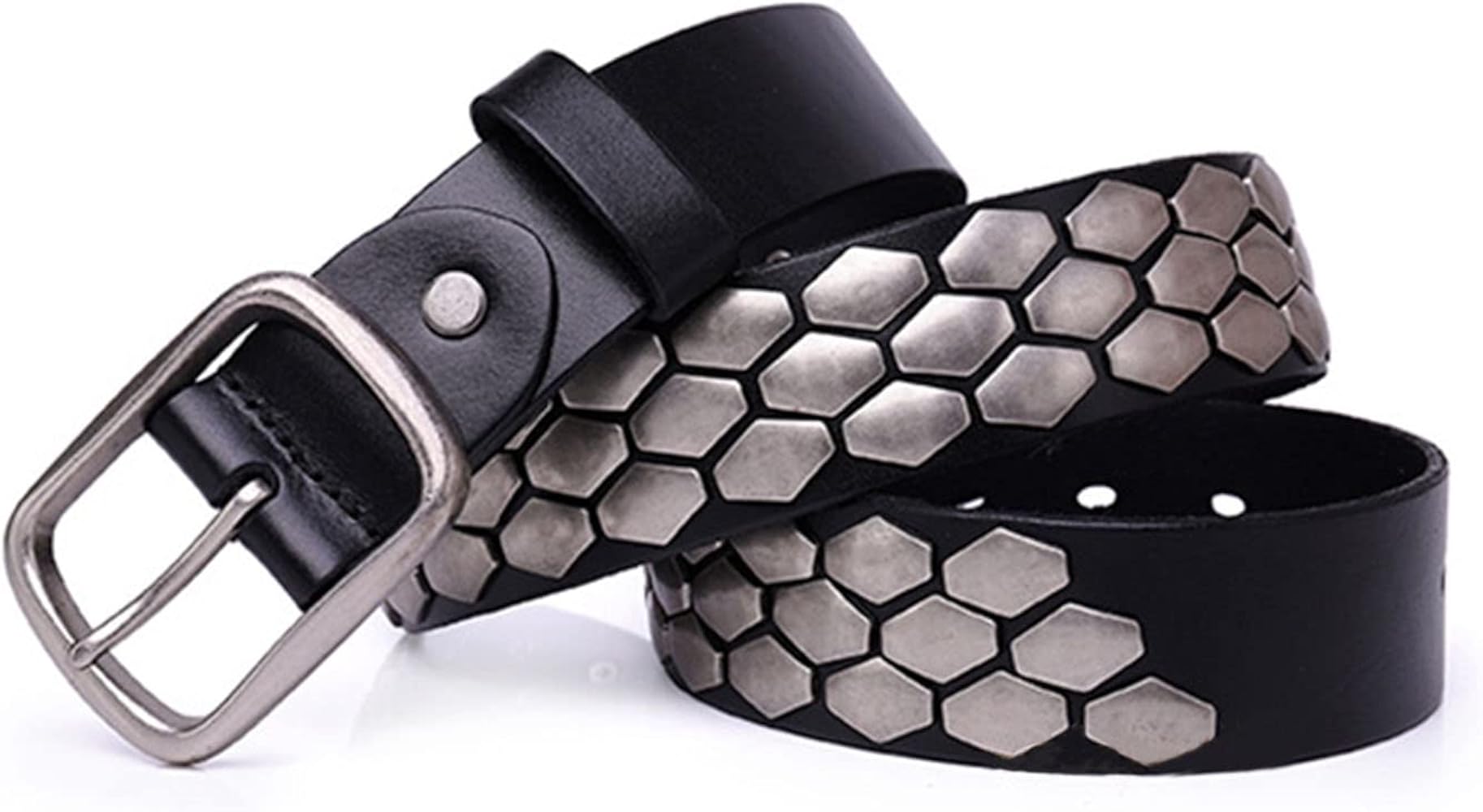 Amazon | ベルト メンズ，スタッズベルト本革， 魚の鱗ンズパンク