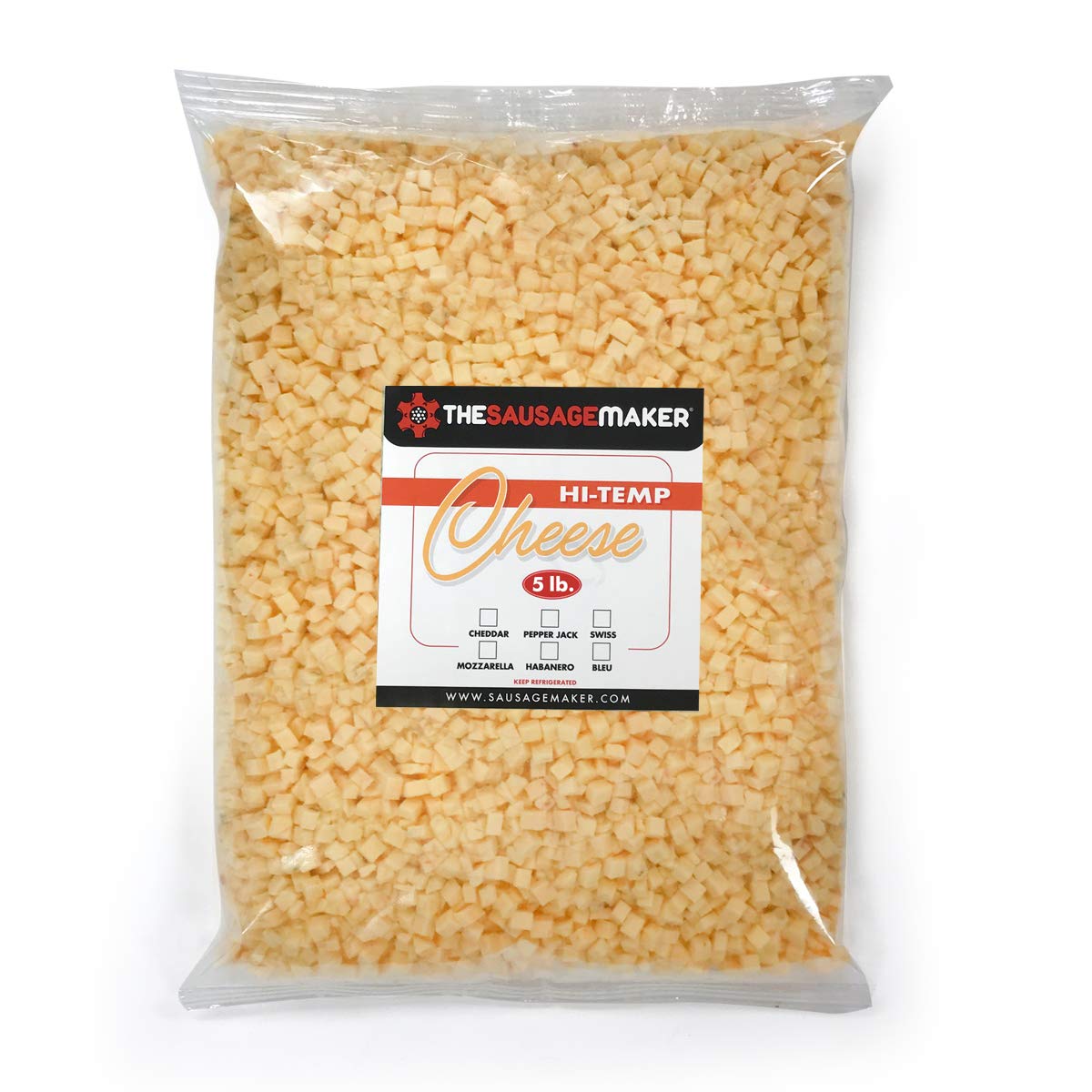 The Sausage Maker® High Temp Cheddar Cheese 5 Lbs Hi-Temp Cheese For Sausage Making, 1/4" Diced Cube, 400° Temperature High Heat Cheese For Grilling, Salami, Snack Sticks, Summer Sausage