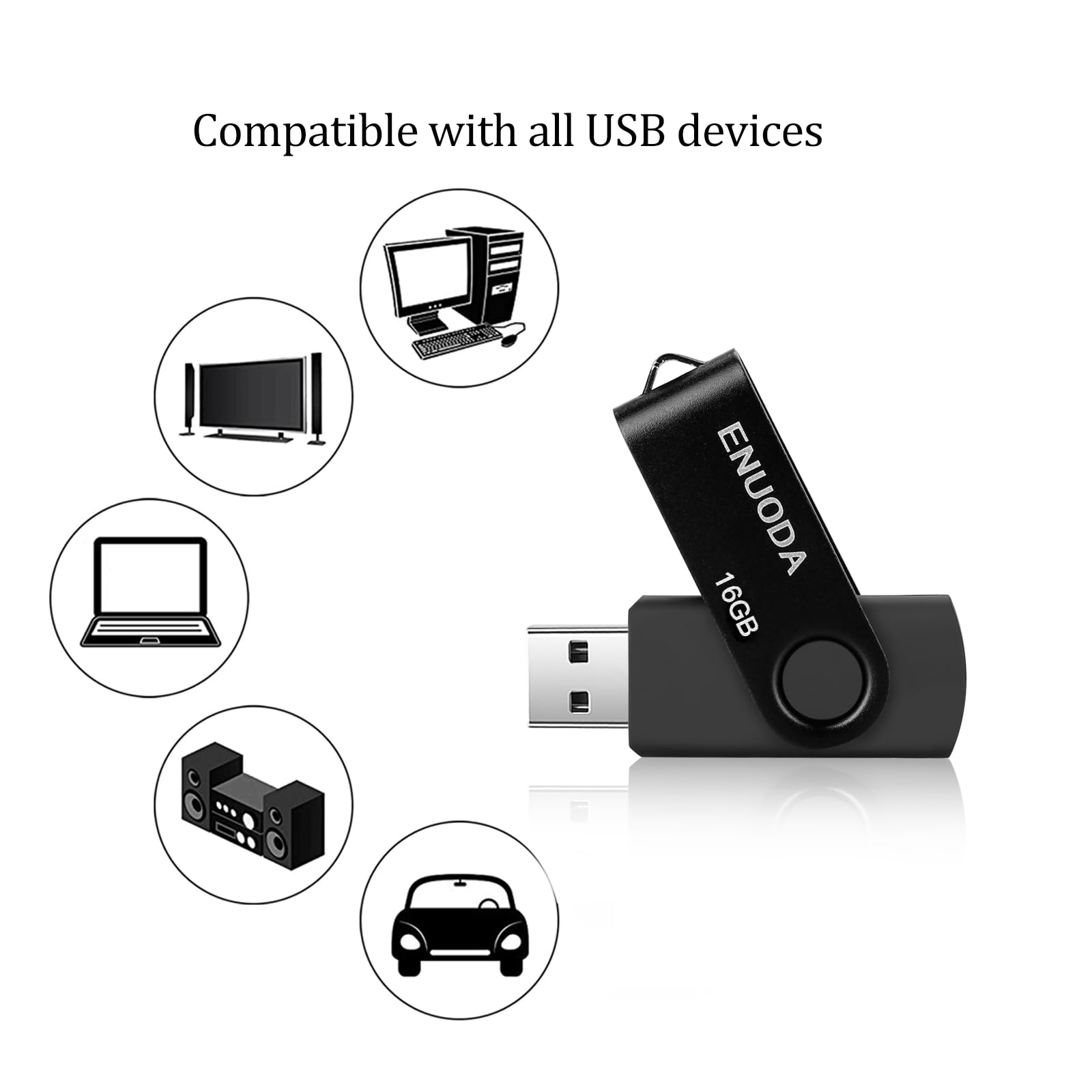 ENUODA 16GB USB Stick 1 Pack Memory Stick USB 2.0 Flash Drives Swivel Design Pen Drive for Data Storage Thumb Drive with LED Light (Black) — view 3