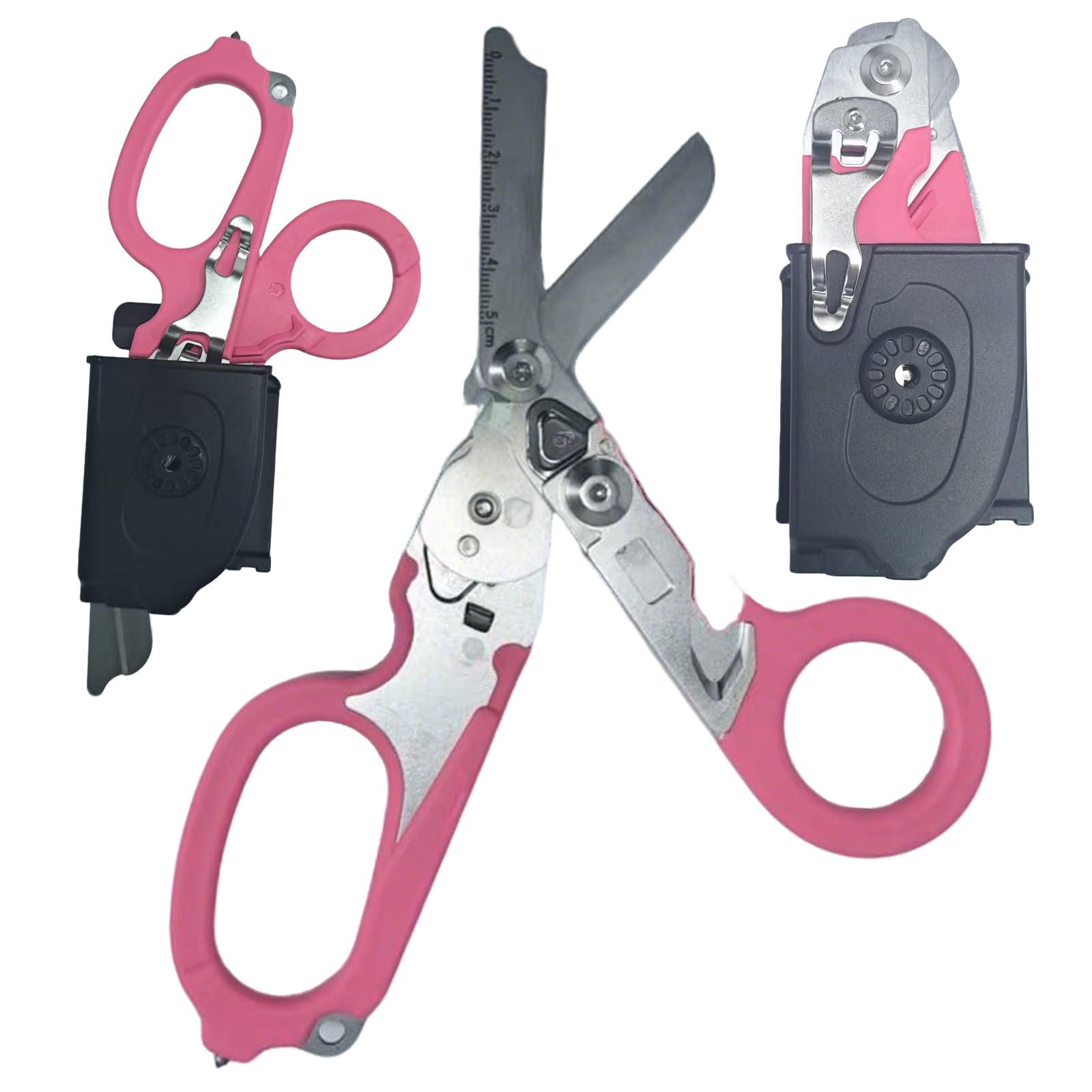 6 in 1 Emergency Response Shears Emergency Scissors Tool Stainless Steel Foldable Scissors Pliers with Strap Cutter and Glass Default (Pink)