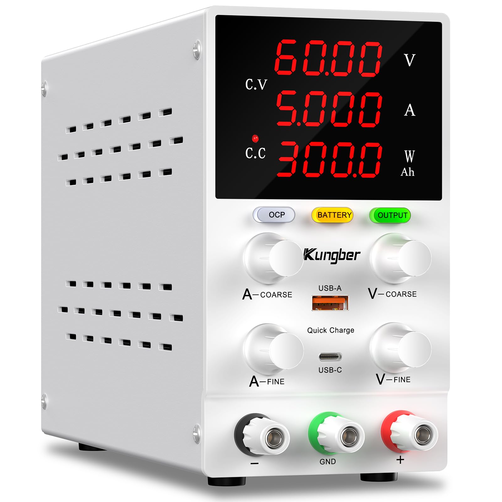 DC Power Supply Variable, 60V 5A Adjustable Switching Regulated DC Bench Power Supply with High Precision 4-Digits LED Display, 5V/2A USB Interface, Coarse and Fine Adjustments (White)