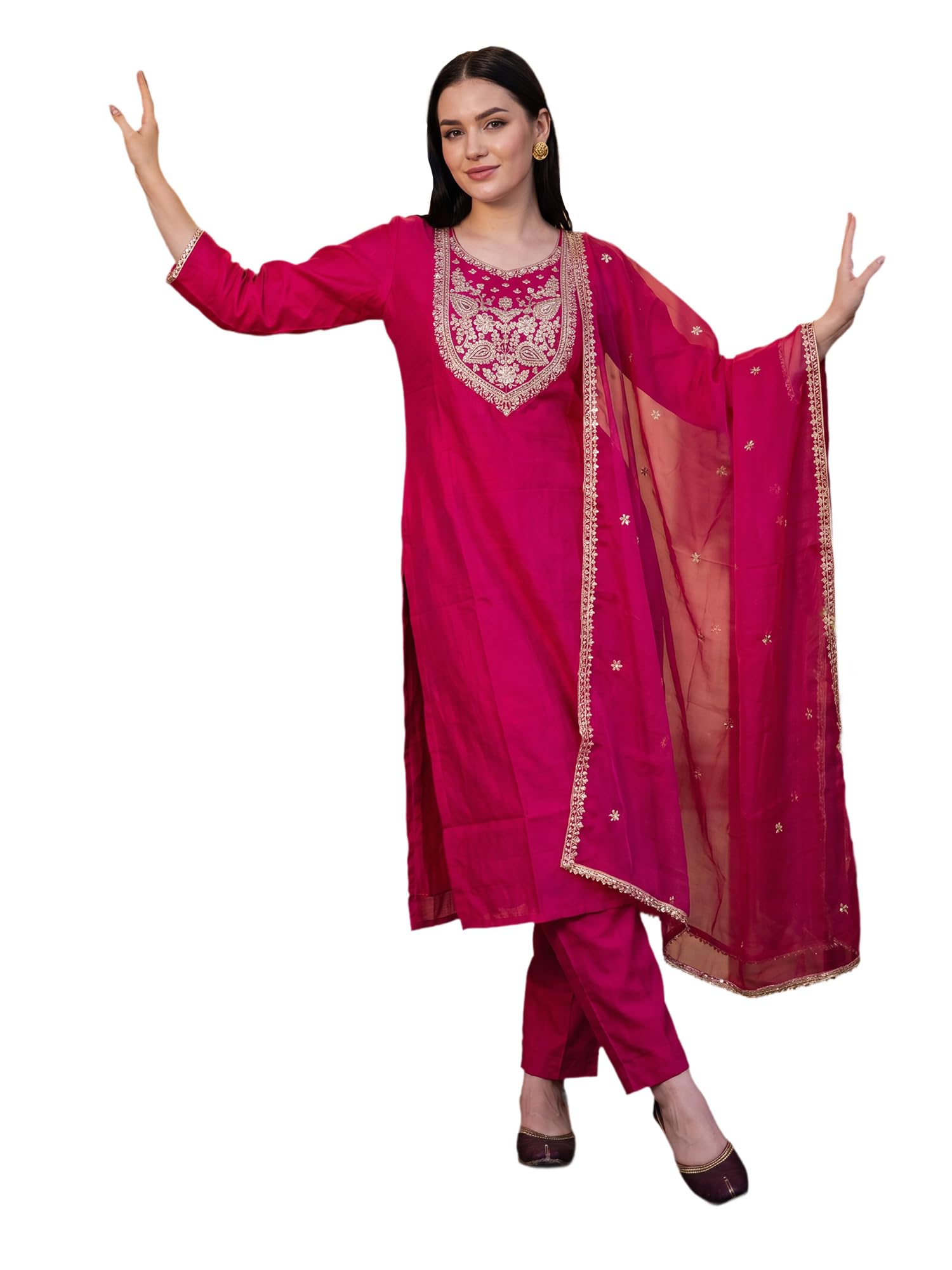 indo era Women's Cotton Blend Pink Ethnic Motifs Embroidered Sequinned Straight Kurta & Pant with Dupatta Set-picture-13