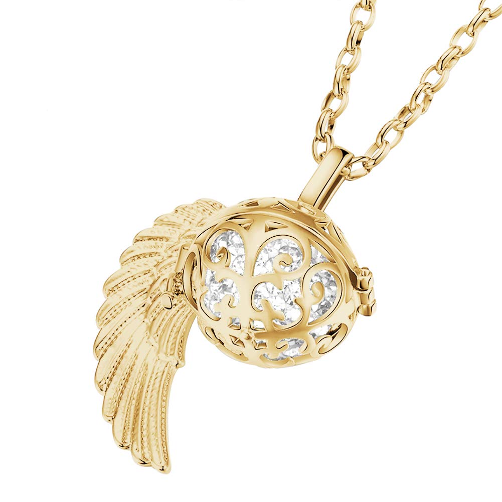 Morella Femme Collier Ange Gardien en Acier Inoxydable Or 70 cm avec Ailes d'ange et Boule sonore en zircons 16 mm dans Une Pochette en Velours
