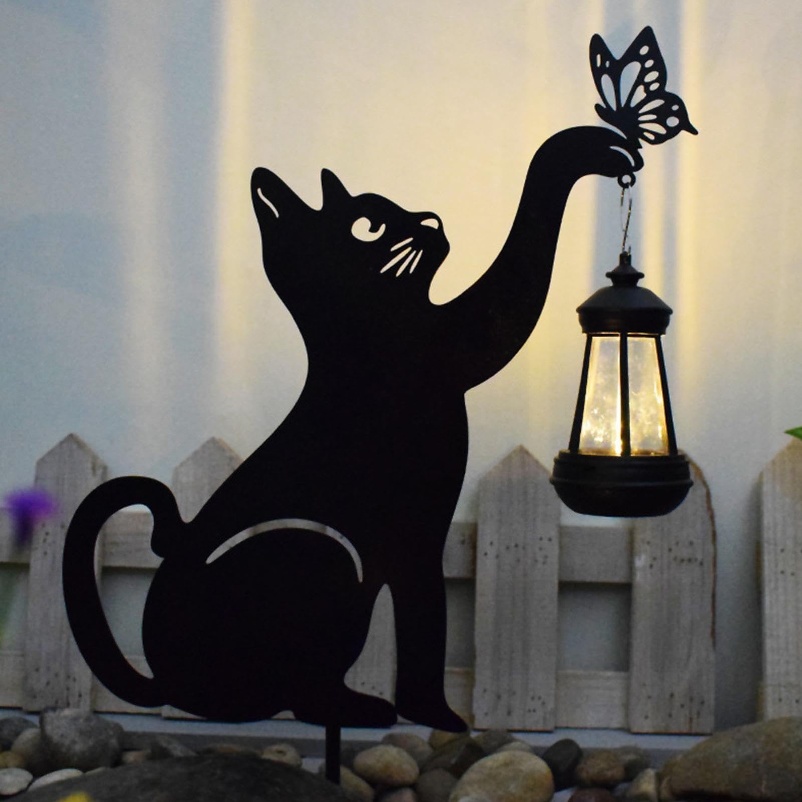 Lampa solarna na zewnątrz – latarnia w kształcie kota | metalowa lampa solarna do podjazdu, ogrodu, podwórka, patio, werandy, tarasu, trawnika, ogrodzenia, chodnika