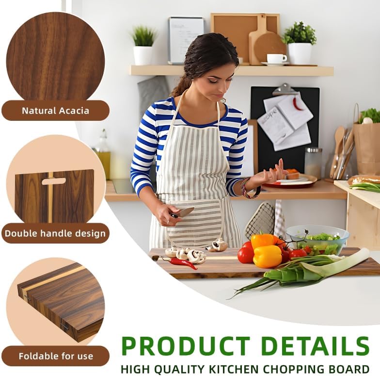 acacia wood boards - extra large charcuterie board, oversized 36 x 12 inch wood serving platter with handles, foldable long wooden tray for parties, grazing & appetizers