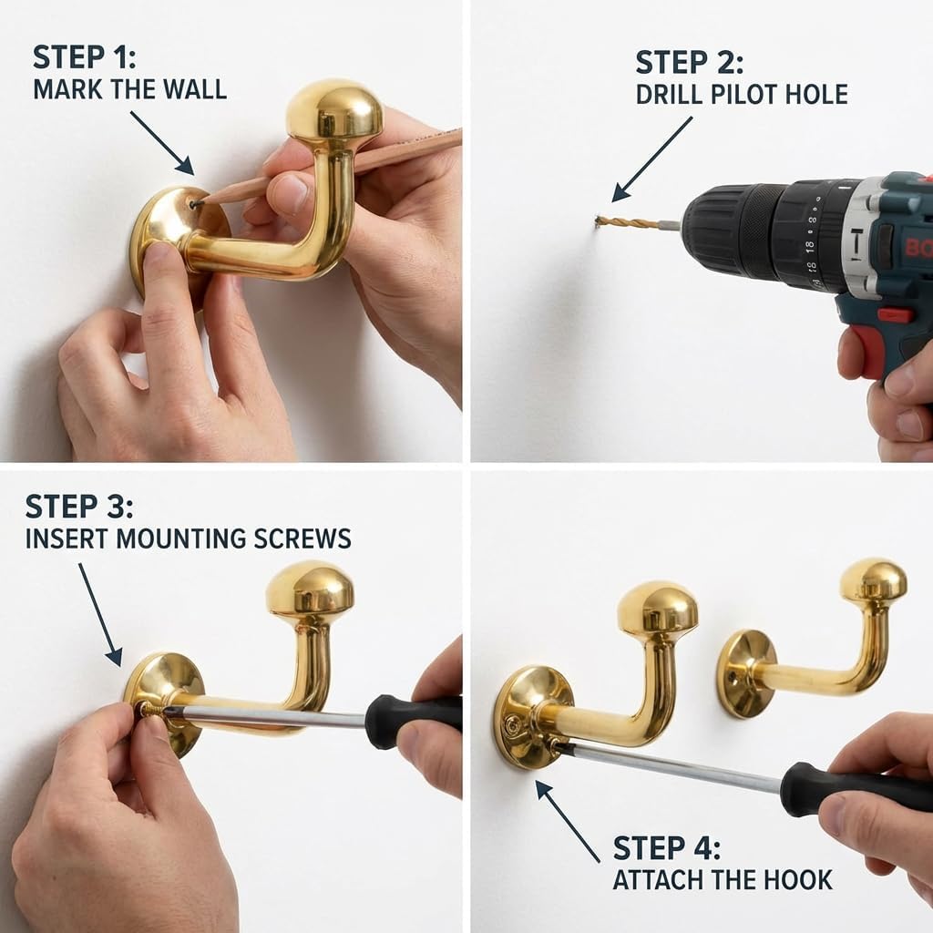 Set of 2 Unlacquered Brass Wall Hooks for Hanging, Handmade Decorative Coat Hanger | Heavy Duty Brass Hooks for Towels, Jackets, Robes | Bathroom Towel Hook Wall Mounted