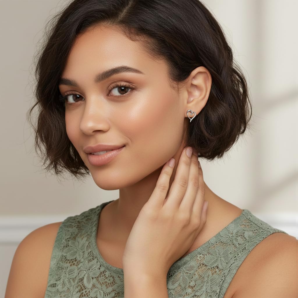 Jewelili Heart Shape Diamond Stud Earrings in 10K Rose, White and Yellow Gold Option Minimalistic Dainty Earrings