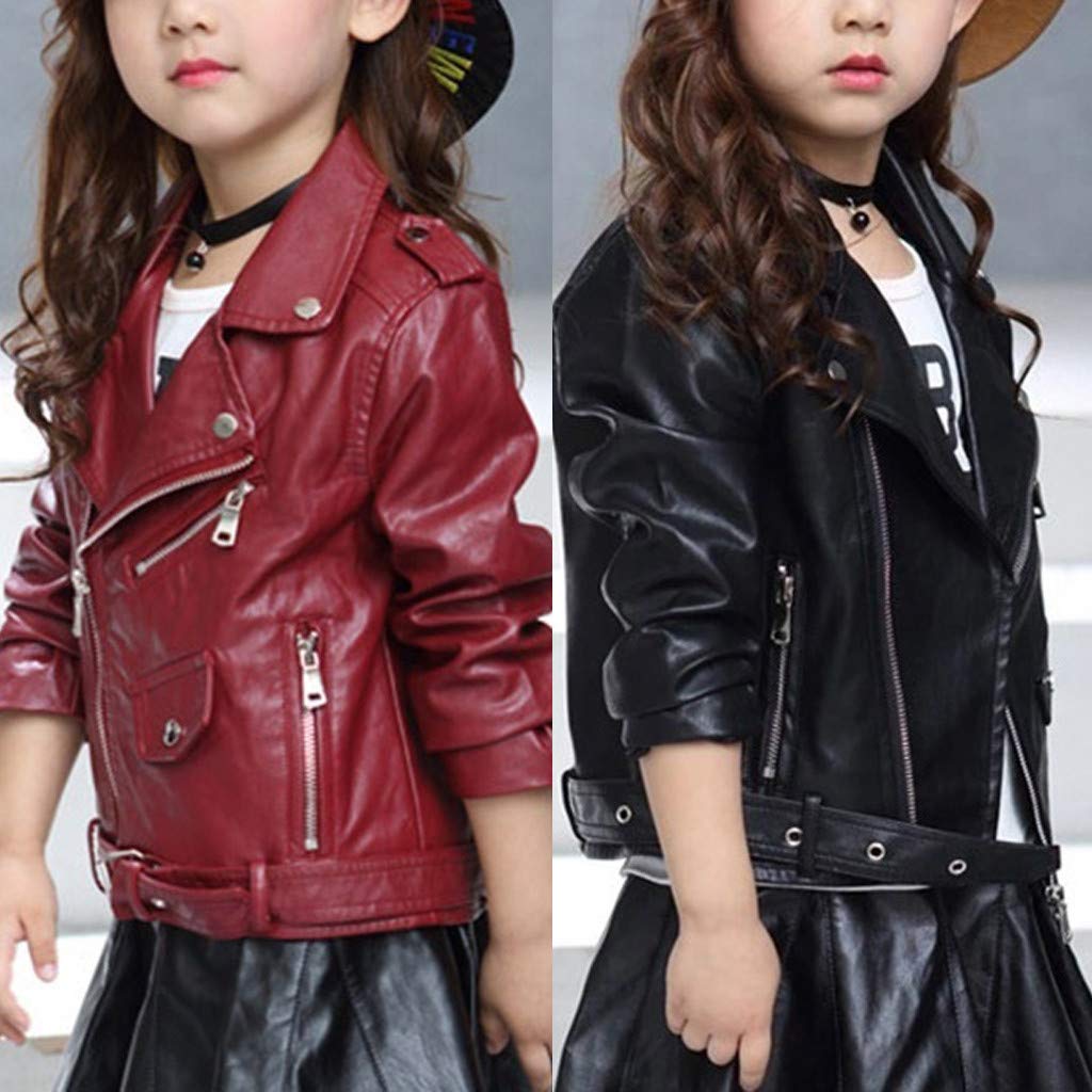 Lingery Baby Kids Leather Jacket, Long Sleeved Zipper Lapel Leather Coat Short Jacket Toddler Baby Girls Clothes Soft PU 12-13 Years