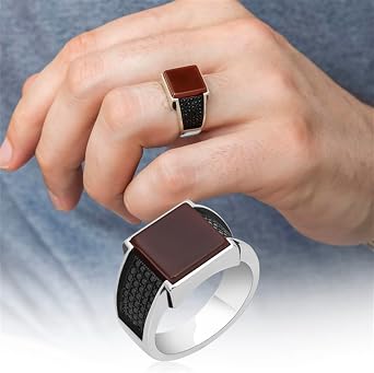 Agate Aqeeq Men's Ring, Sterling Silver 925, Yemeni Aqeeq, Turkish Ring, Solitaire, Red, 125 mm x 12 mm