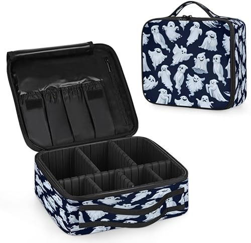 Bolsa de maquillaje de viaje para mujer, grande, cuadrada, portátil, profesional, de tren de coqueta, estuche de cosméticos con asa, fantasmas de