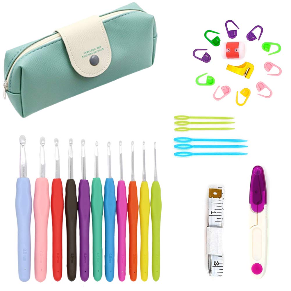 Houkr 31 PCS Colorful Crochet Hooks Set, 2mm(B)-8mm(L) Ergonomic Soft Handle Crochets, Aluminum Blunt Needles, Knitting Needles for Arthritic Hand Beginner