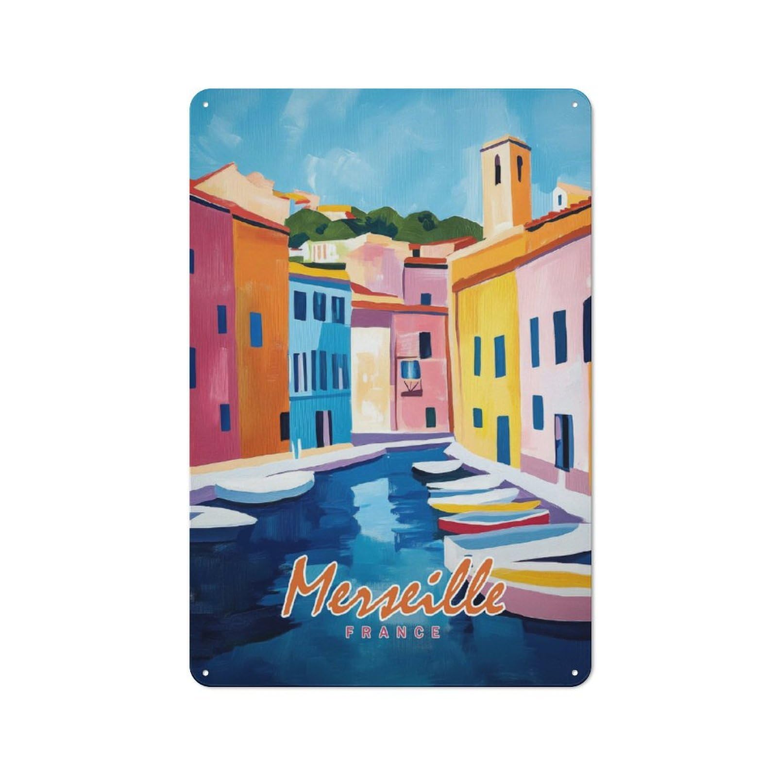 Junmoney Style-9 Marseille Canal Painting Vintage Tin Wall Plaque 30X20cm For Hobby Room Or Studio, A Decorative Metal Sign For Hobby Rooms And Studios