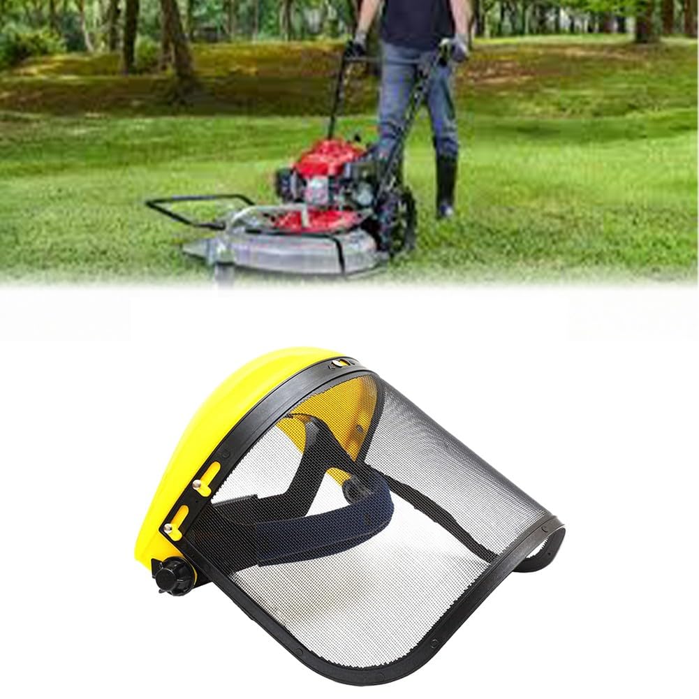 Malla protectora facial de malla de acero con marco de PP, protector de cabeza ajustable para jardinería, poda de árboles y césped, alta visibilidad y transpirabilidad, amarillo