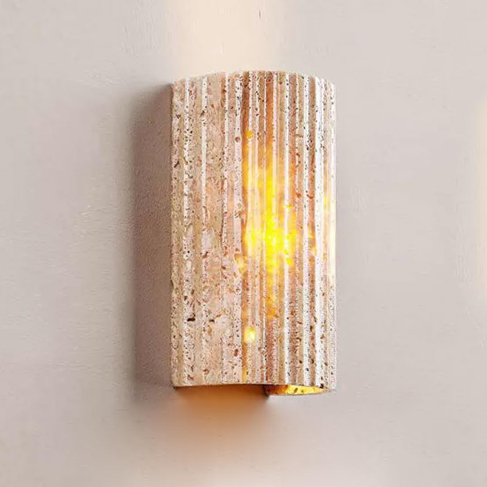 JISHUBO Natural Stone Hardwired Indoor Wall Sconce, LED Light Source Yellow Travertine Wall Light, Wabi Sabi Style Wall Lamp, Restaurant Balcony Corridor Stairs Wall Mounted Lighting Fixtures