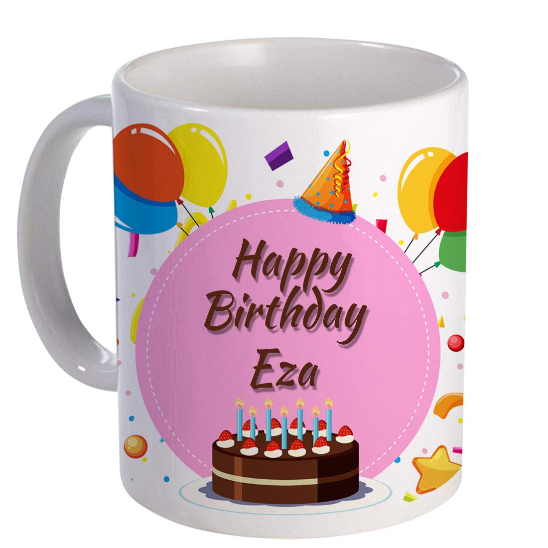 COLORYARD White Ceramic Coffee Mug 1Pc for Birth Day Gift (Happy Birthday eza with Cake, Balloons and Pink Color Design)